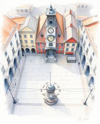 This delicate watercolor painting depicts an eerily quiet empty town square, dominated by ticking clocks and devoid of people