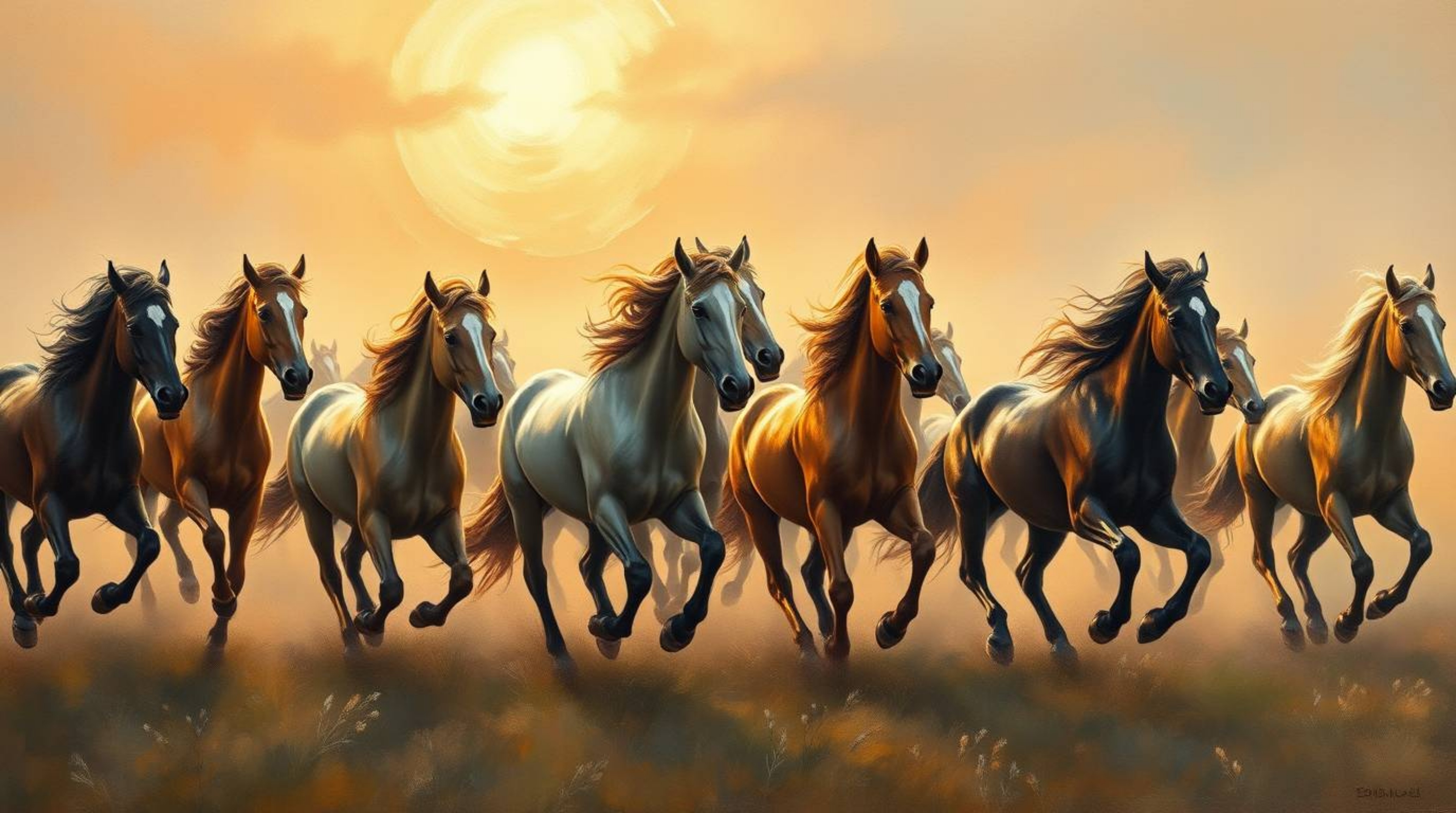 Experience the power and beauty of wild horses in this classic oil painting style depiction. A herd of horses gallops freely 