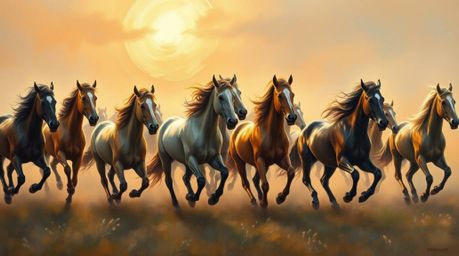 Experience the power and beauty of wild horses in this classic oil painting style depiction. A herd of horses gallops freely 