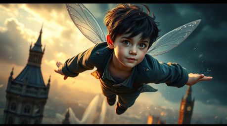A young boy with dark hair and elegant features soars above London, gracefully propelled by shimmering pixie dust. The scene 