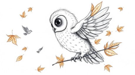 A heartwarming Pixar-style hand-drawn sketch portrays a blind owl with soft, feathery textures gently guiding small birds in 