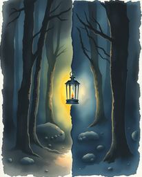 Explore a delicate watercolor painting featuring an eerie atmosphere and a striking split composition.  A glowing lantern ill