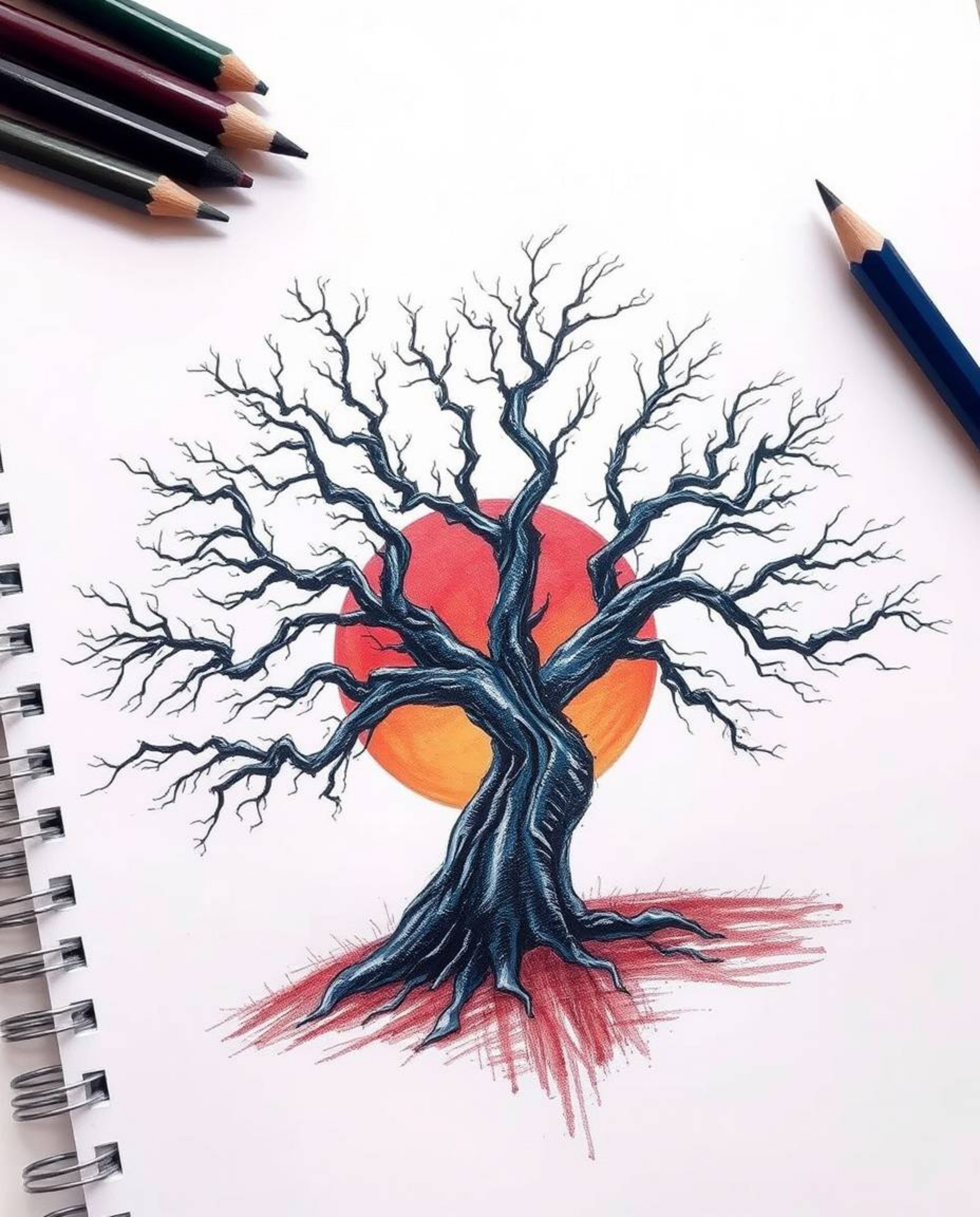A hand-drawn sketch on a white background depicts a sunset behind an old oak tree with twisted branches. Using rich burgundy 