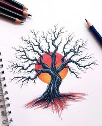 A hand-drawn sketch on a white background depicts a sunset behind an old oak tree with twisted branches. Using rich burgundy 
