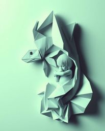 Explore the strong, moody aesthetic of folded paper art featuring a unique depiction of a sea creature befriending a human ch