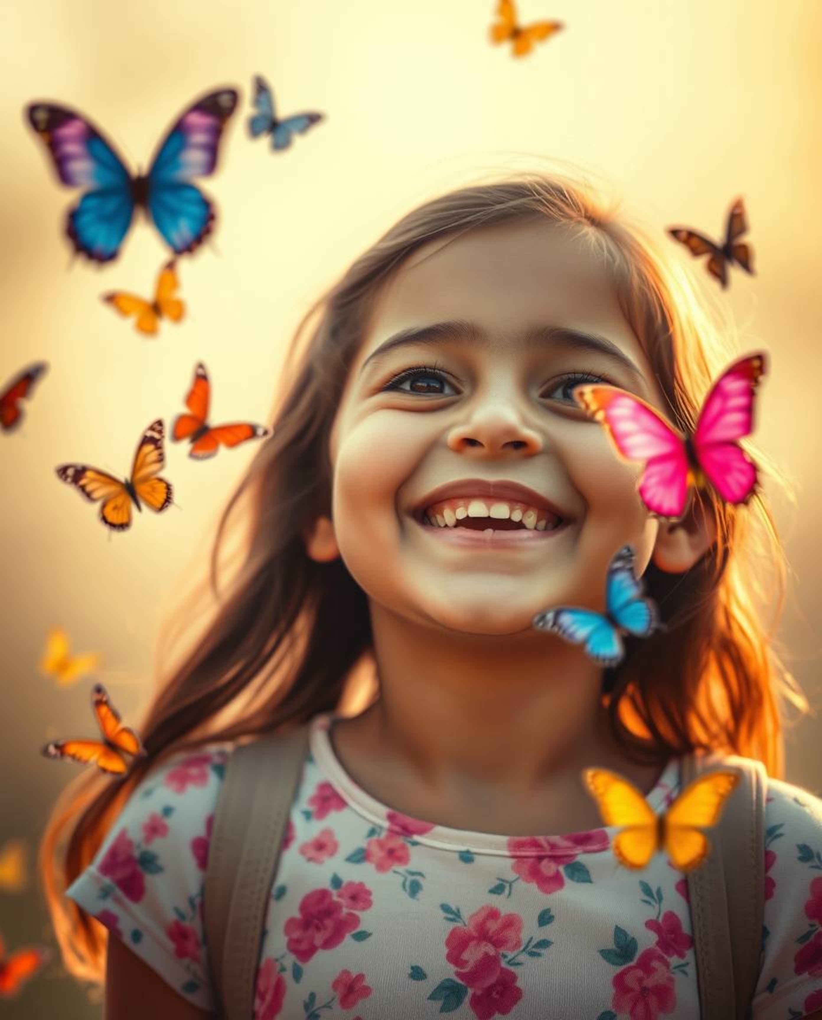A captivating image of a joyful girl releasing vibrant butterflies into a soft, cinematic haze. The scene is filled with brig