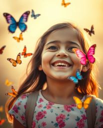 A captivating image of a joyful girl releasing vibrant butterflies into a soft, cinematic haze. The scene is filled with brig