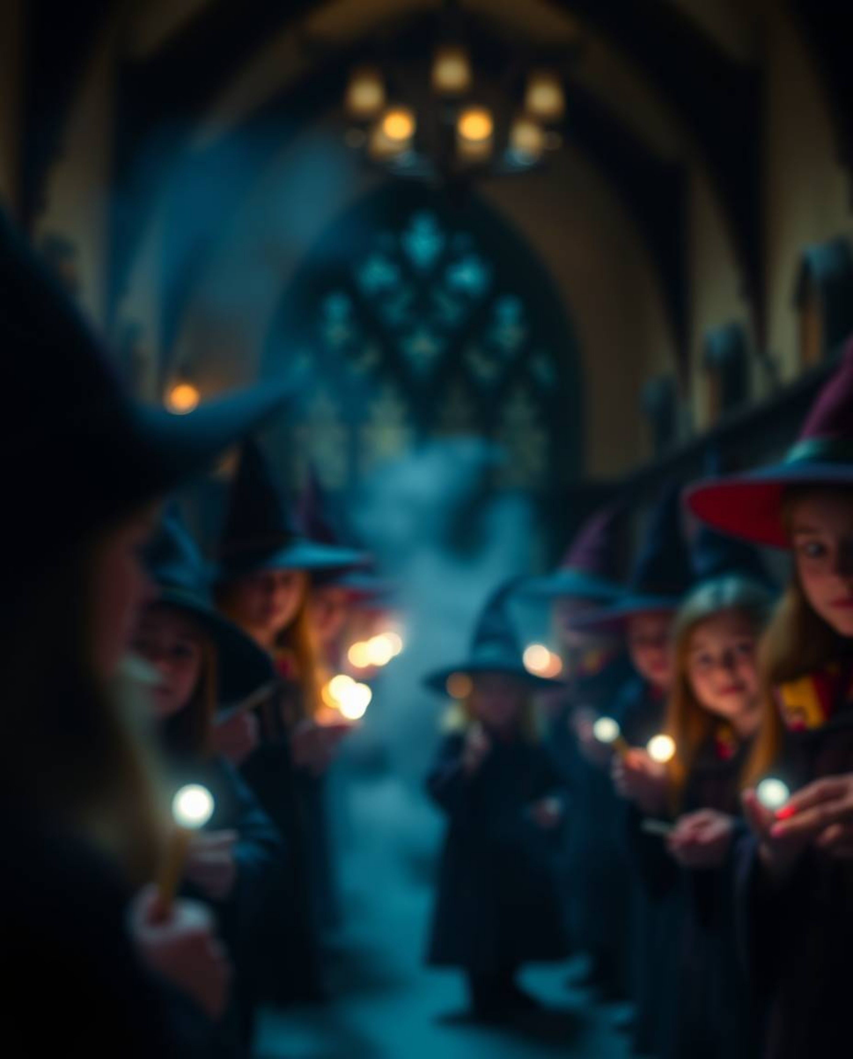 Explore a magical school teeming with young wizards, captured with a mesmerizing blurred bokeh effect that crafts a high-cont