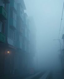 Immerse yourself in a surreal street scene enveloped in a thick fog, where buildings are folding and twisting in impossible w