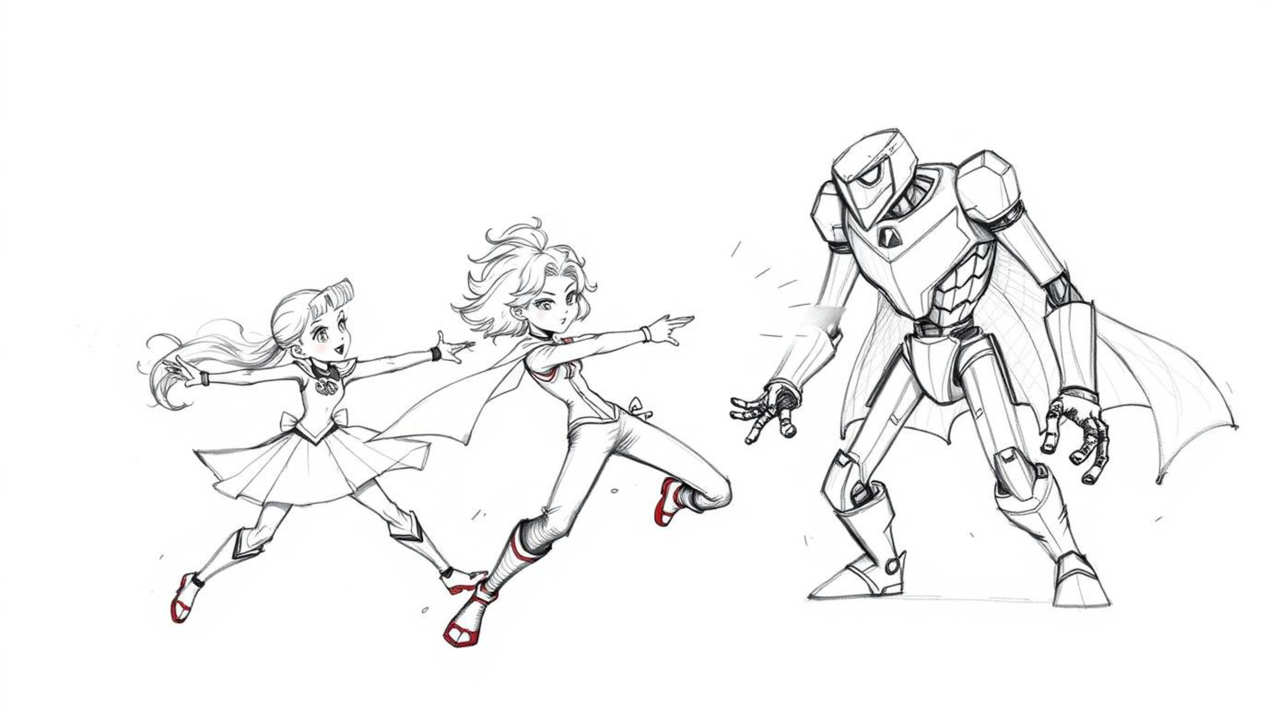 A refined and elegant hand-drawn sketch depicts a trio of superpowered kids with graceful features locked in combat with a fo