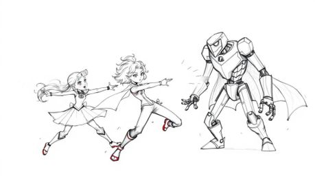 A refined and elegant hand-drawn sketch depicts a trio of superpowered kids with graceful features locked in combat with a fo