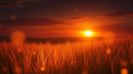 A captivating digital painting depicting a serene sunset over a tranquil meadow.  Warm golden hour light bathes the scene, as