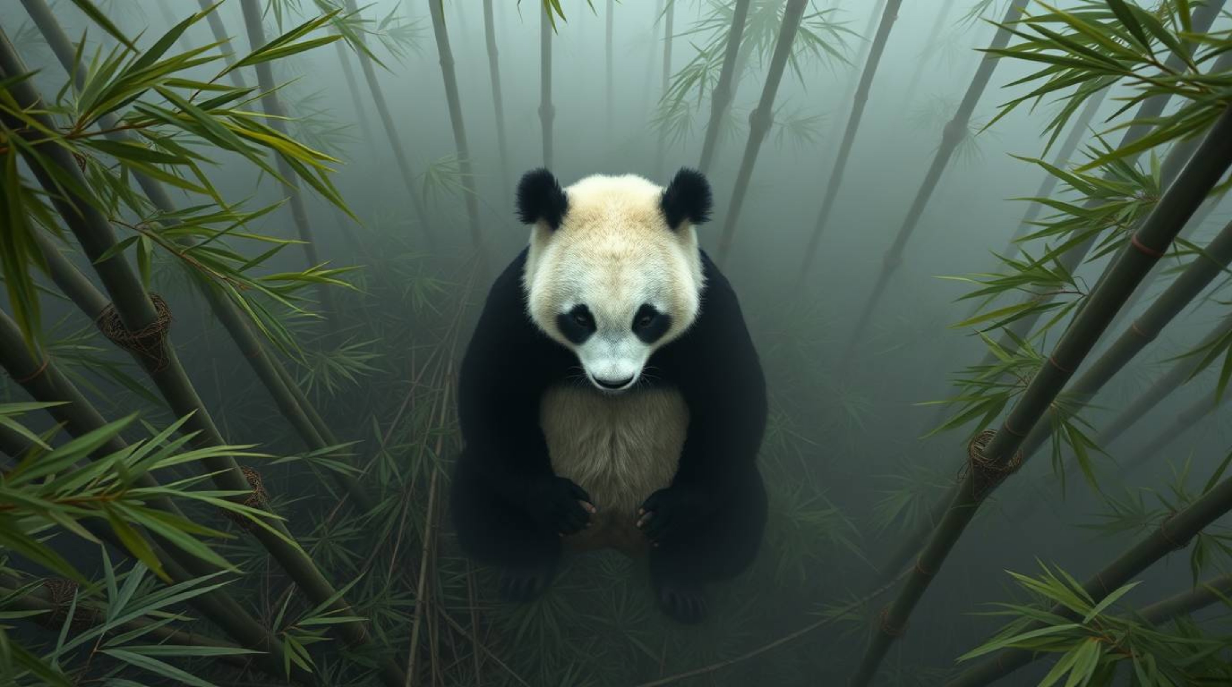 An overhead bird's eye view captures a martial artist panda deeply immersed in meditation within a dense, foggy bamboo forest