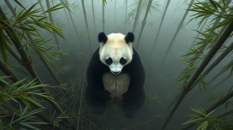An overhead bird's eye view captures a martial artist panda deeply immersed in meditation within a dense, foggy bamboo forest