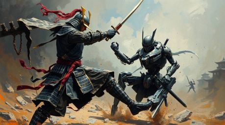 A classic oil painting depicting a samurai dynamically battling a robot in a dystopian world, characterized by rich textures 