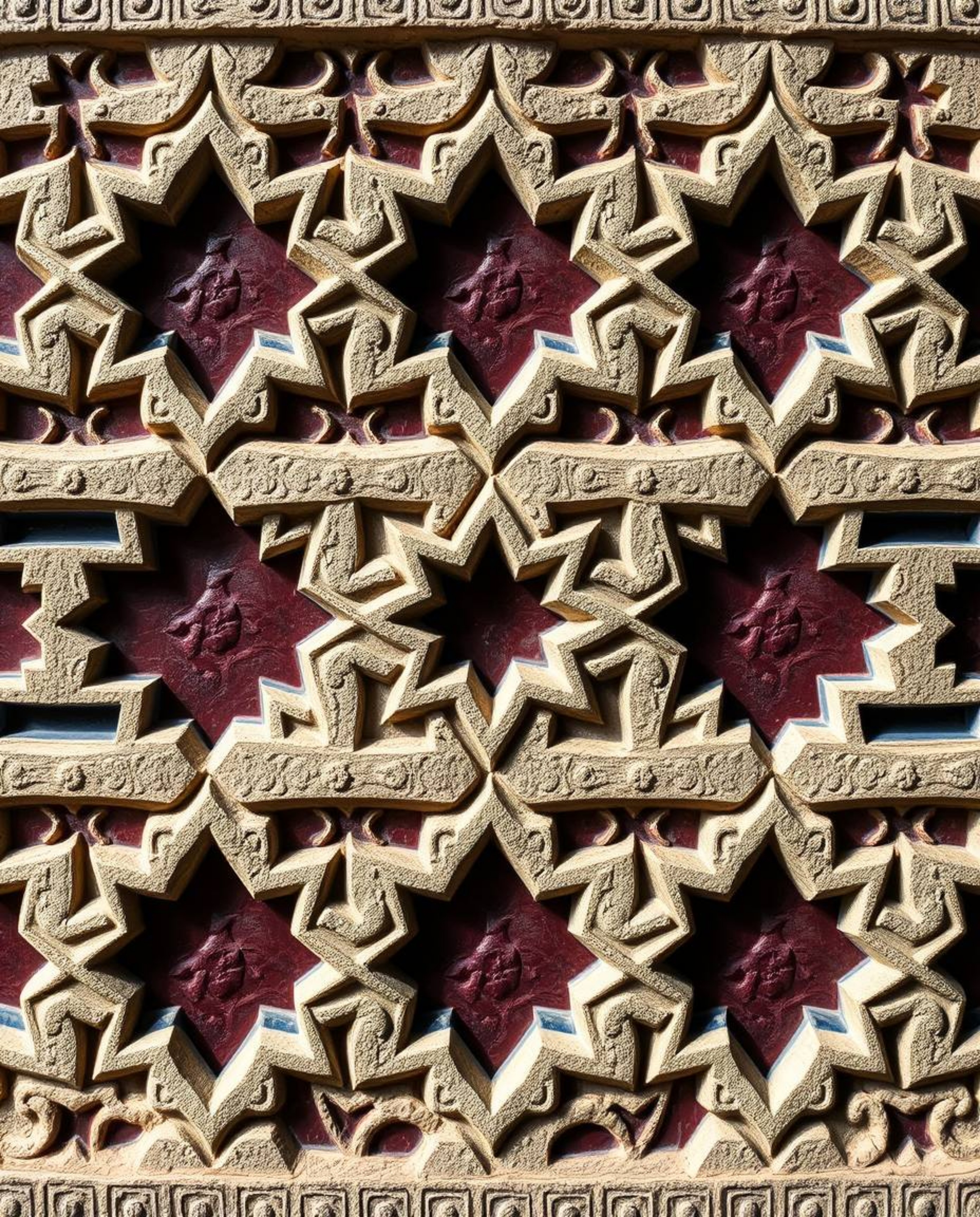 Explore a sophisticated and elegant image showcasing the beauty of Islamic geometric patterns meticulously carved in stone. T