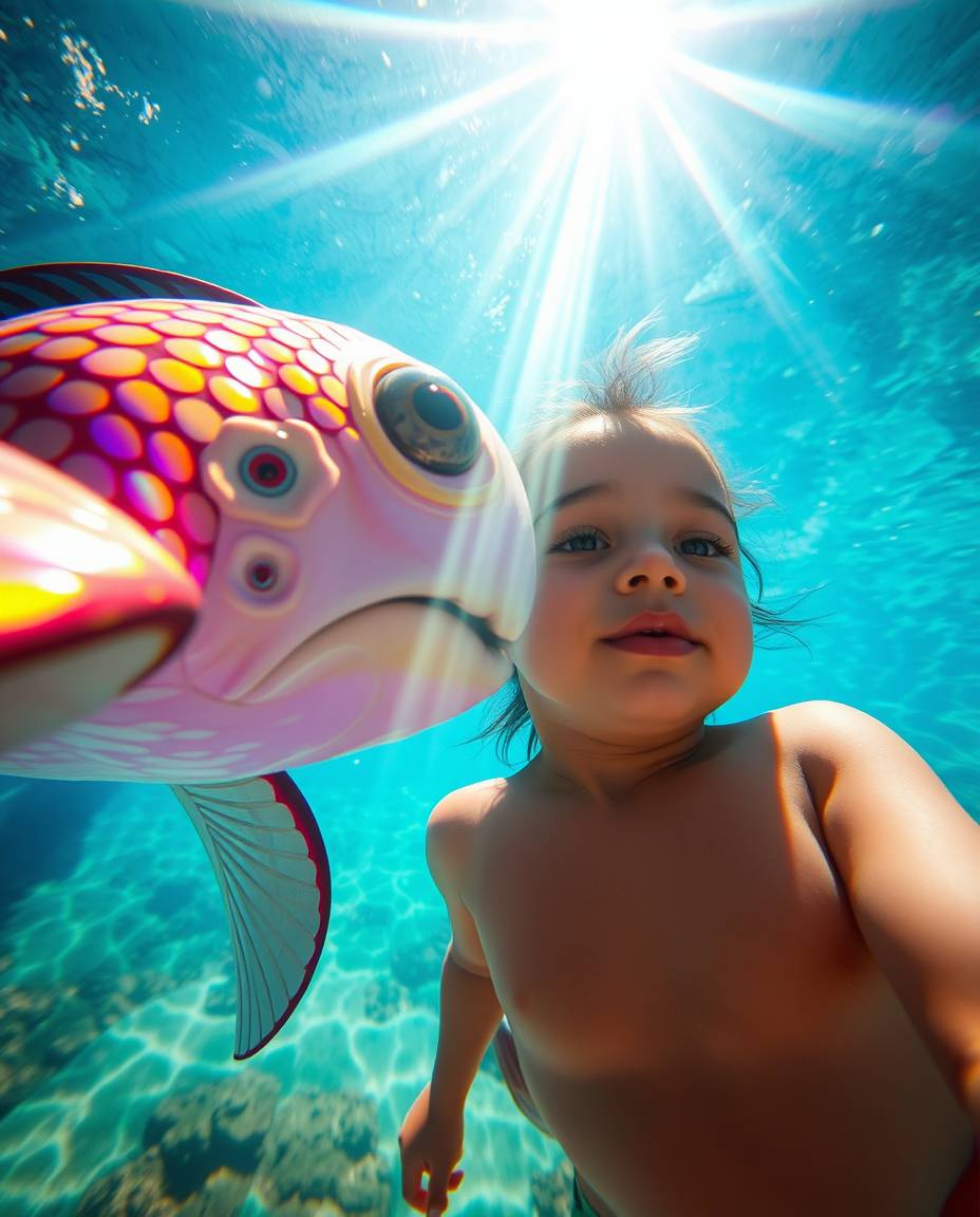 A vibrant and colorful scene captures a magical moment between a sea creature with iridescent scales and a sun-kissed child. 