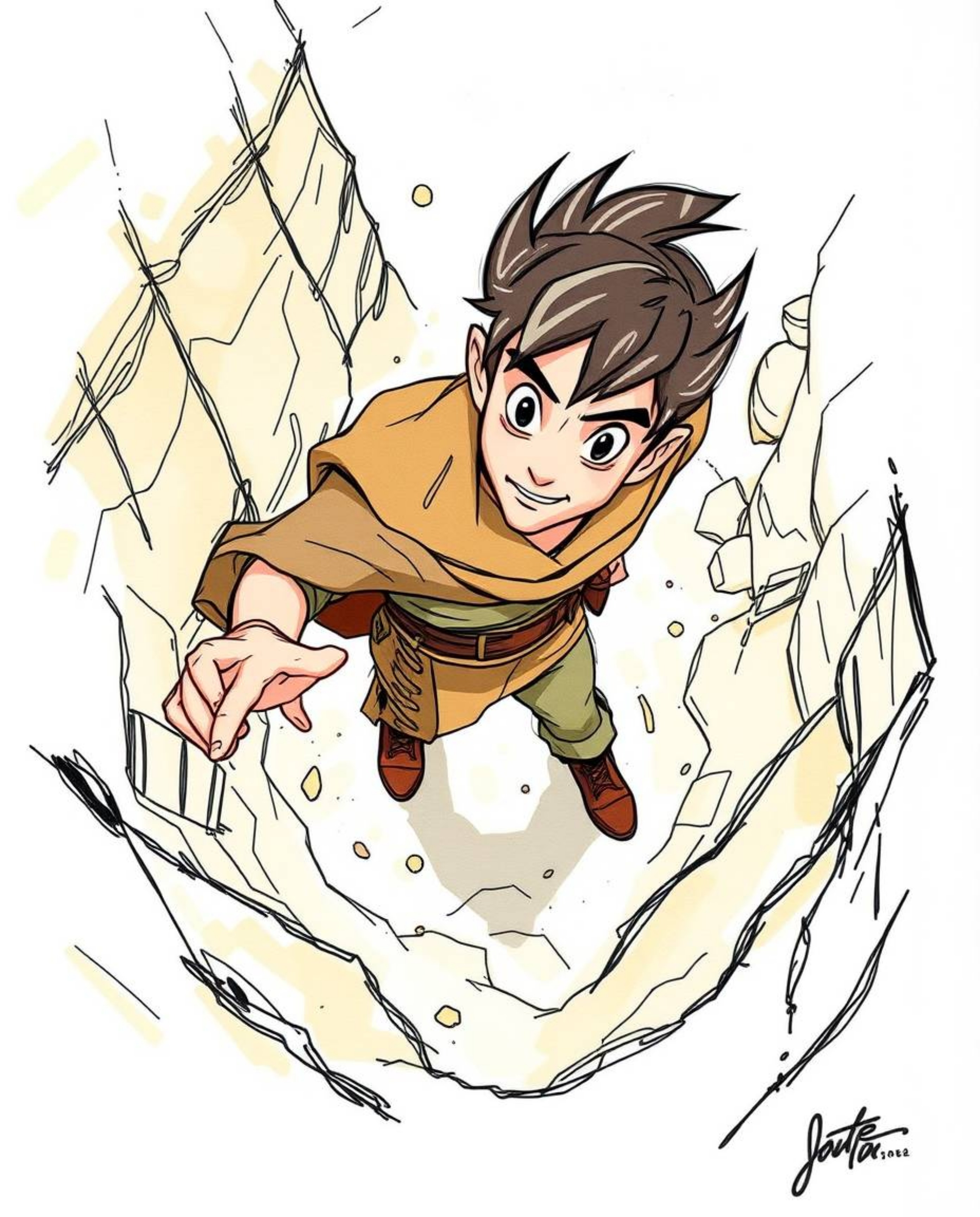 A captivating hand-drawn sketch depicts a brave Disney-style hero embarking on a thrilling desert adventure. The high-angle