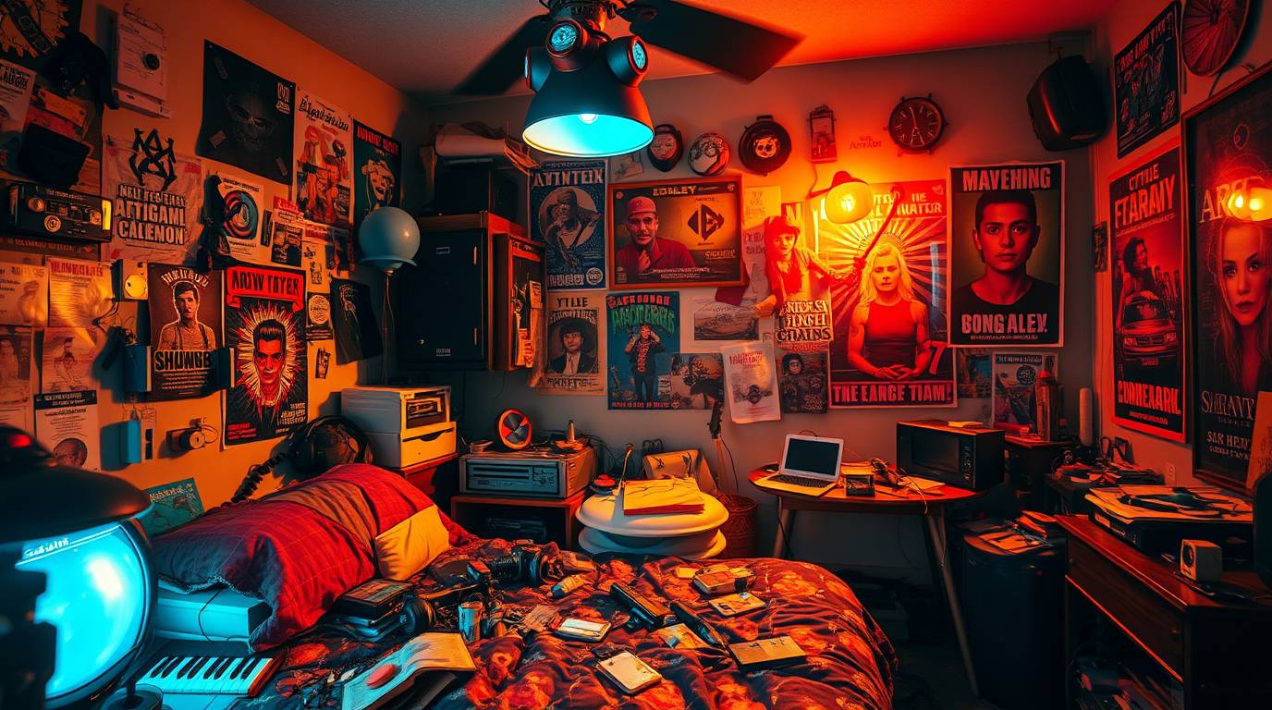 Explore a messy bedroom brought to life with bizarre gadgets and vibrant posters, all illuminated by intense dramatic lightin