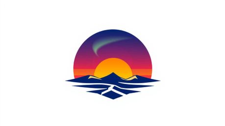 A visually striking geometric logo design features the Northern Lights emerging over a vibrant sunset sky.  Clean lines and b