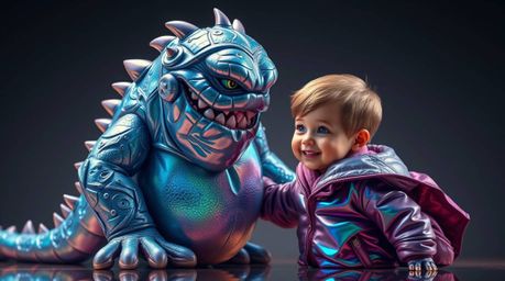 A captivating high-resolution stock photo depicts an unlikely friendship between a child and a fantastical iridescent monster