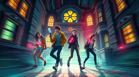 A dynamic motion illustration showcases a group of teenagers solving mysteries within a bioluminescent haunted mansion.  The 