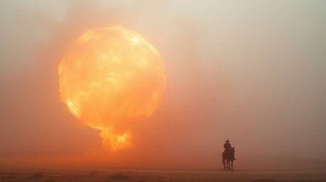 Experience a classic exploding TNT gag set in the wild west, shrouded in thick fog. The scene creates a soft, dreamy atmosphe