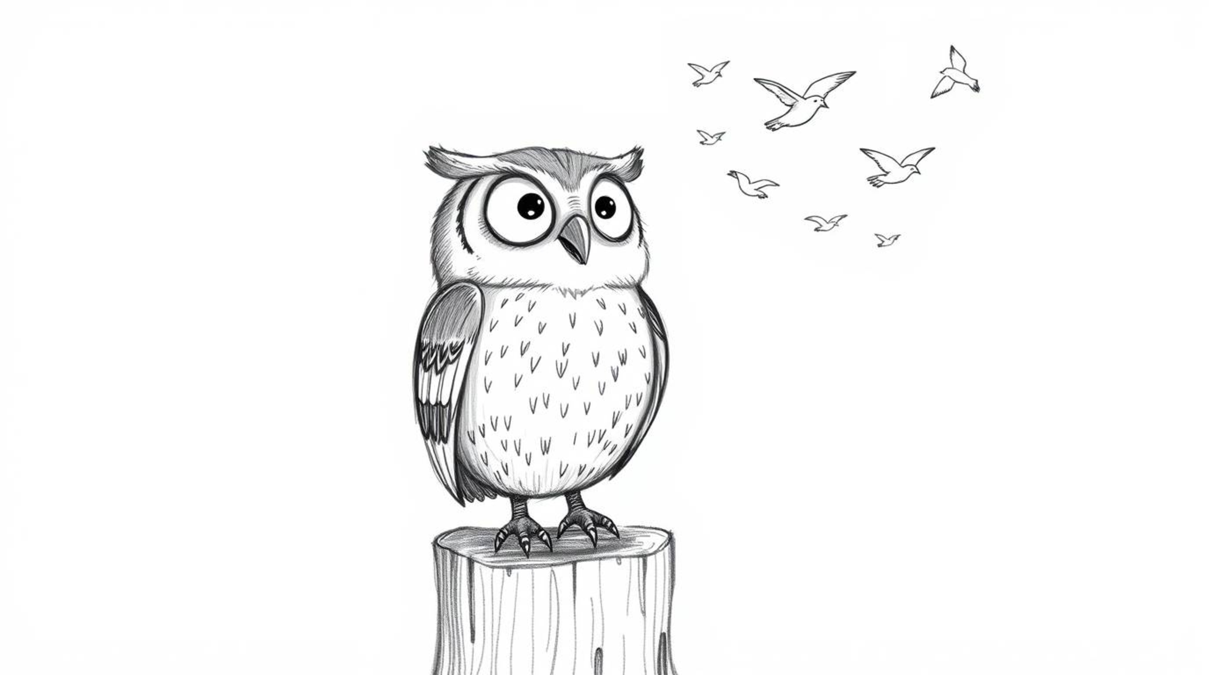 A charming hand-drawn sketch showcases a blind owl, rendered in the delightful Pixar style, perched on a weathered tree stump