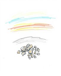 A hand-drawn sketch captures an overhead, bird's-eye view of a colorful sky over a coral reef at low tide. The artwork is cha