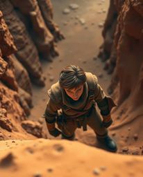 A professional, high-angle photograph showcases a brave, Disney-style hero in a captivating desert adventure. The image featu