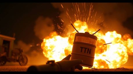 A digitally rendered image depicts a classic TNT explosion in a Wild West setting.  Rendered in intense jet black with deep s