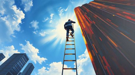 A vibrant acrylic painting depicts a businessperson ascending a transparent ladder into a breathtaking blue sky above towerin