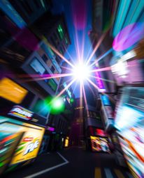 Immerse yourself in a dynamic surreal street scene illuminated by a bright lens flare. Experience the visual feast of folding