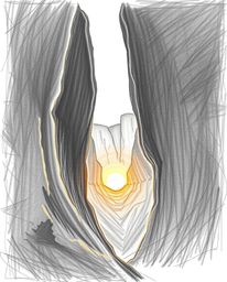 A high-contrast, low-key hand-drawn sketch captures sandstone cliffs illuminated by sunset in a canyon. The artwork is define