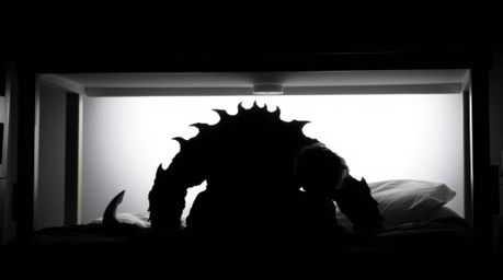 A captivating image depicts a jet-black monster, silhouetted under a bed, forming an unlikely friendship with a child.  The i