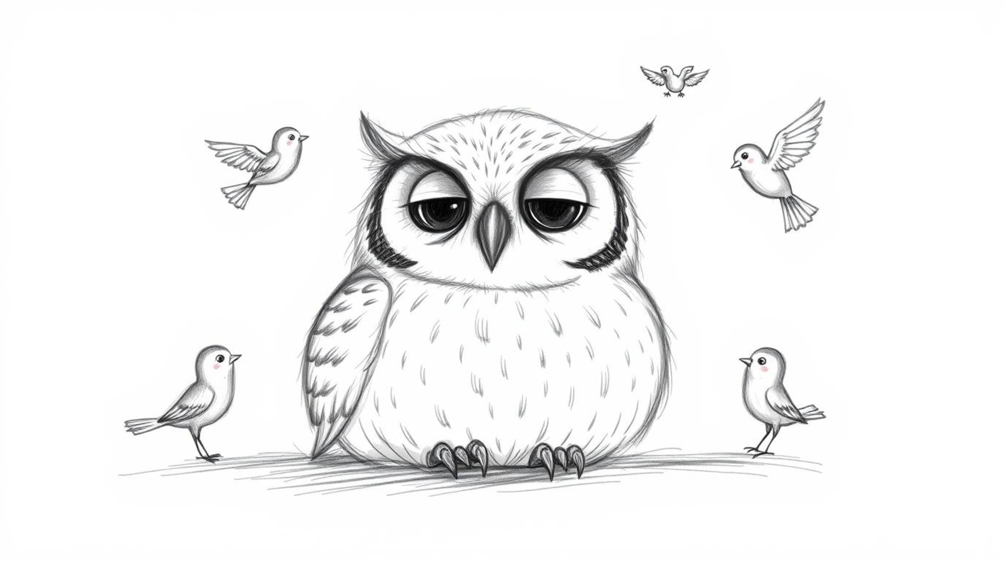 A heartwarming hand-drawn sketch, reminiscent of Pixar's style, portrays a blind owl with a soft, feathery texture peacefully