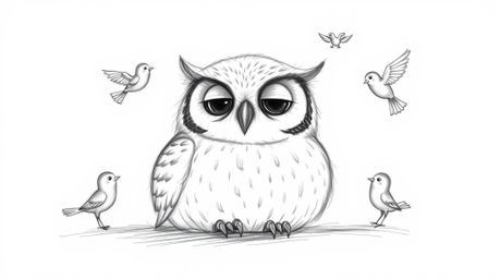 A heartwarming hand-drawn sketch, reminiscent of Pixar's style, portrays a blind owl with a soft, feathery texture peacefully
