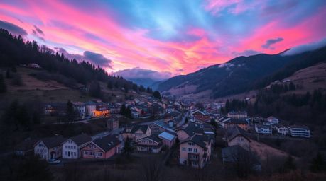 This professional photograph captures a cozy village nestled peacefully within a valley, bathed in the light of a vibrant, ir