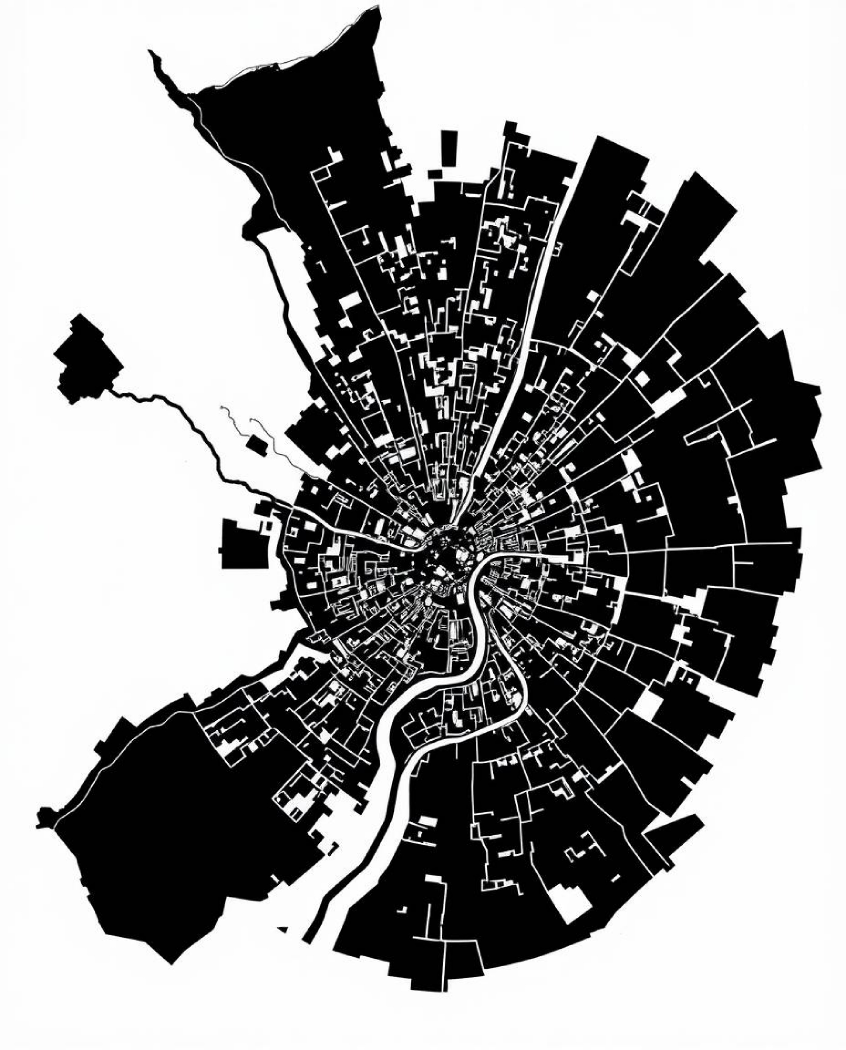 This artwork presents a silhouetted abstract city map composed of geometric shapes, offering a unique top-down perspective.  