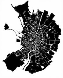 This artwork presents a silhouetted abstract city map composed of geometric shapes, offering a unique top-down perspective.  