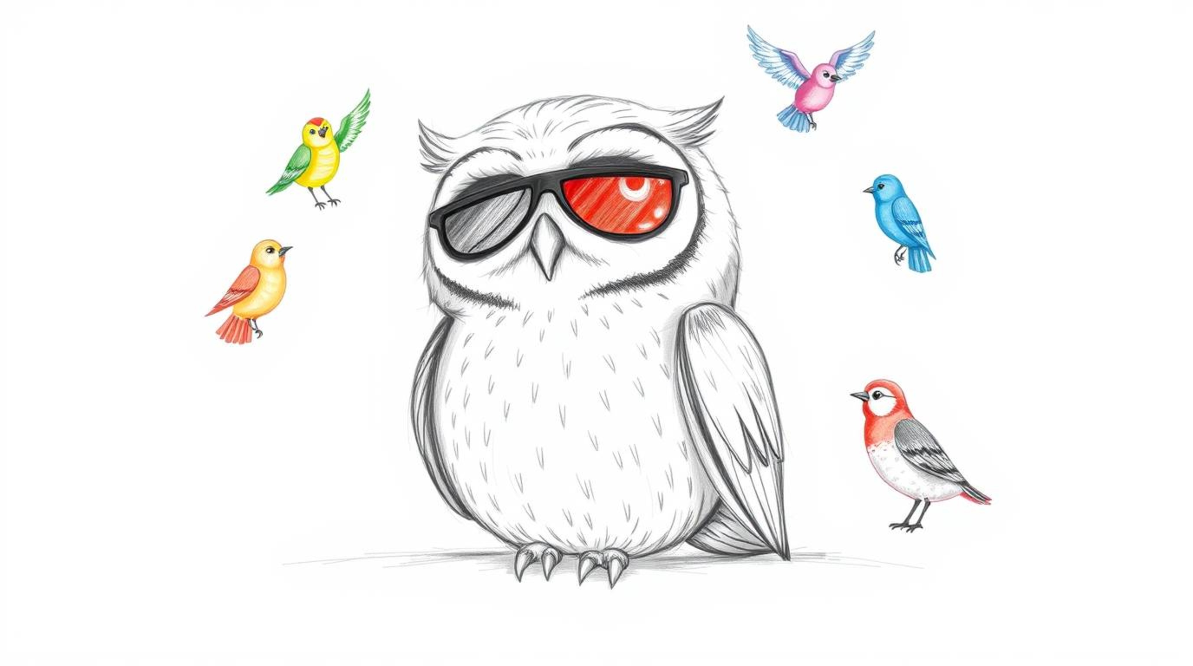 A heartwarming hand-drawn sketch in Pixar style depicts a serene blind owl, its feathers subtly textured with pencil strokes,