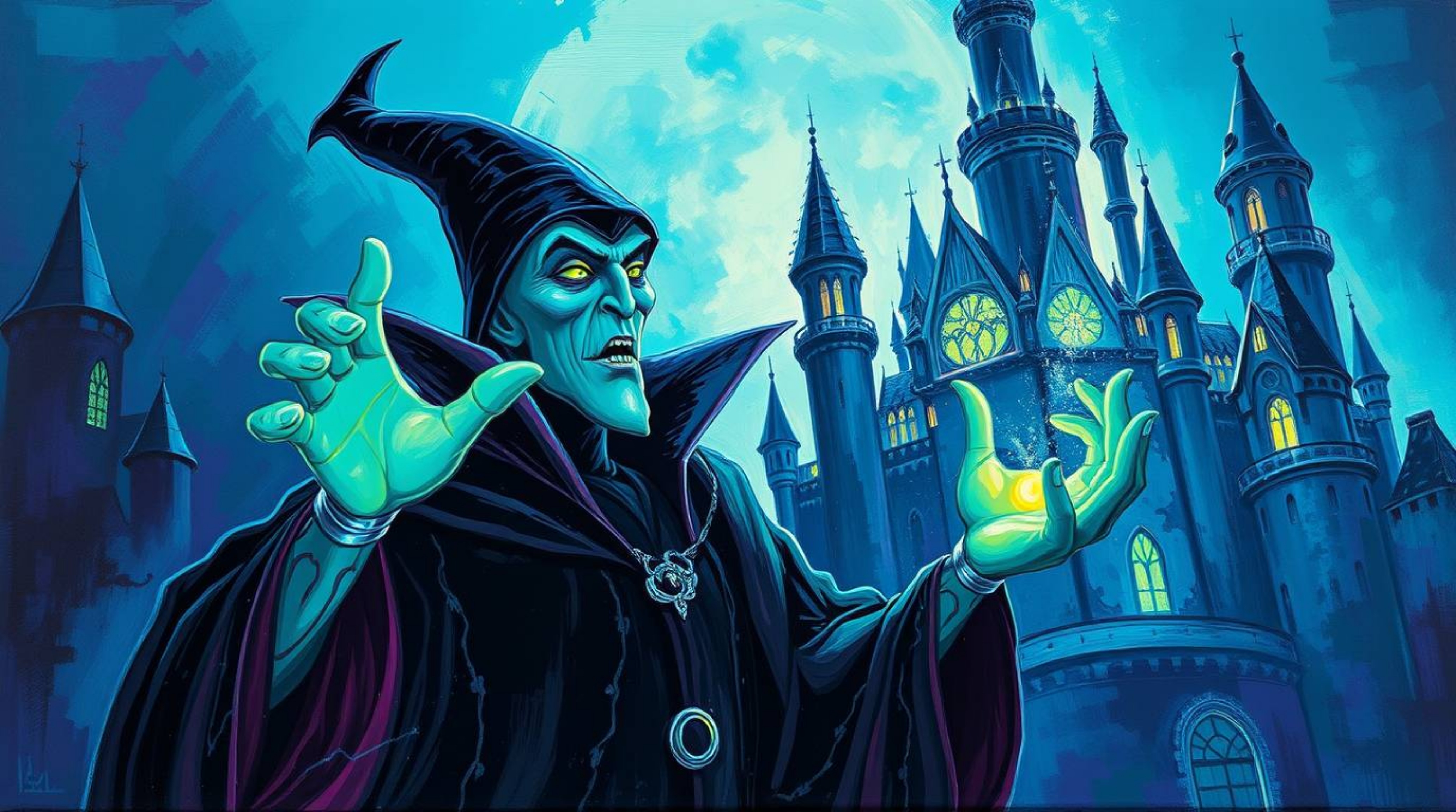 A captivating bold acrylic painting depicts a classic Disney villain with glowing, bioluminescent skin casting a spell within