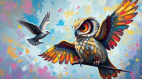 This striking acrylic painting depicts a Pixar-style blind owl, radiating wisdom as it guides birds in their flight lessons. 