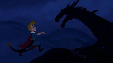 A charming prince bravely faces a fearsome dragon in a captivating 1950s-style animation. The moody, low-contrast visuals an