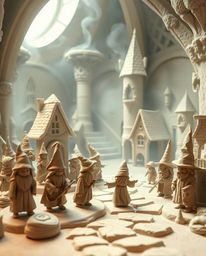 Discover a whimsical clay sculpture of a magical school brimming with young wizards.  The scene is rendered with a soft, drea