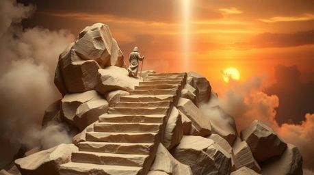 This artwork features sculptural clay art in natural earth tones of browns and beiges. A lone figure climbs a stone staircase