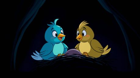 A high-contrast, low-key lighting image depicting two cartoon birds diligently building a nest in a classic animation style.