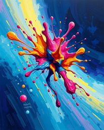 Experience the vibrant energy of this bold acrylic painting.  Abstract 3D colorful shapes float in space, creating a surreal 