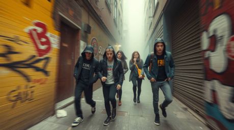 Capture the raw energy of youth with this dynamic motion photograph set in a grungy city alley shrouded in thick fog. Rebelli