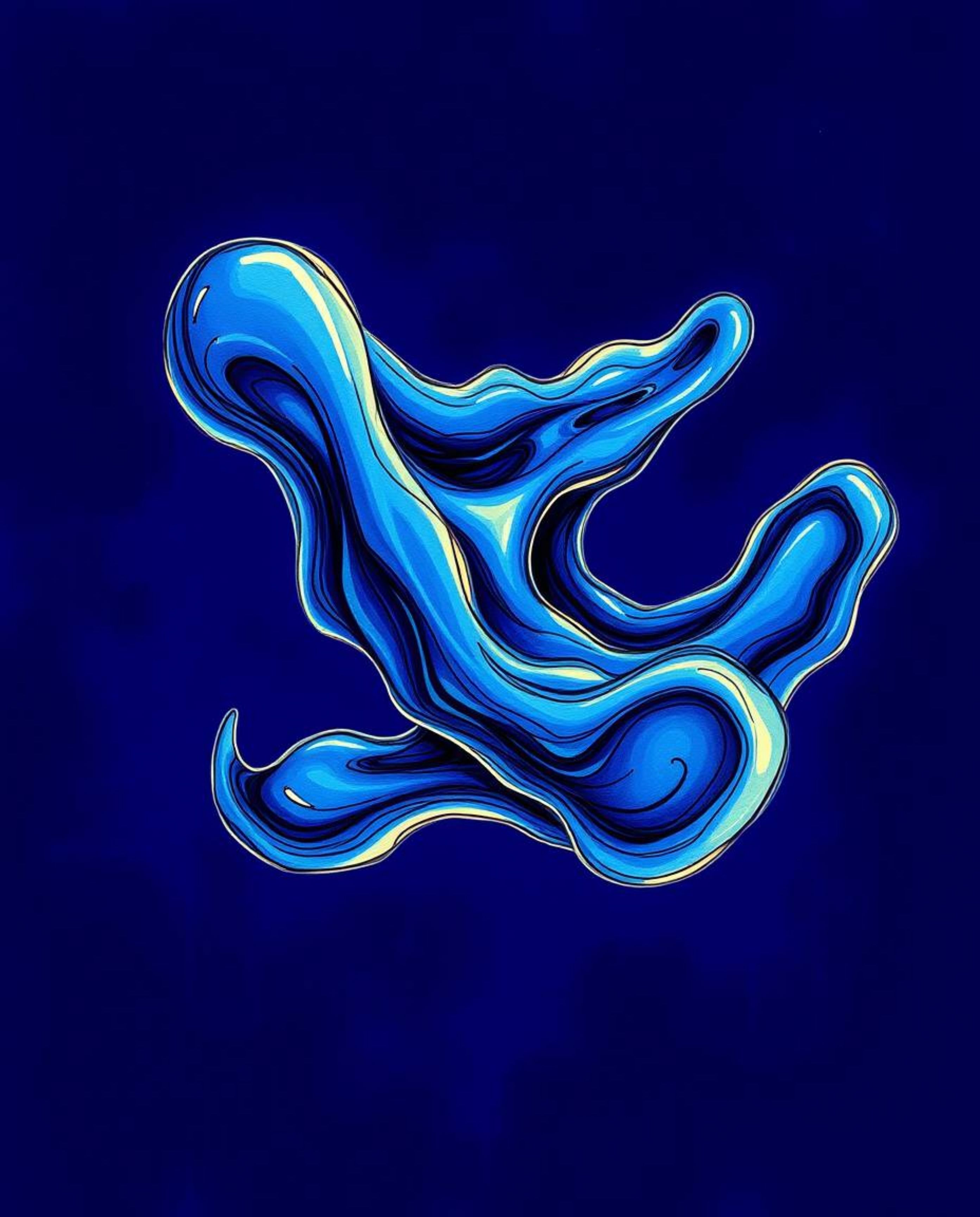 Explore a hand-drawn sketch depicting futuristic 3D fluid shapes illuminated by glowing edges against a deep blue backdrop. C